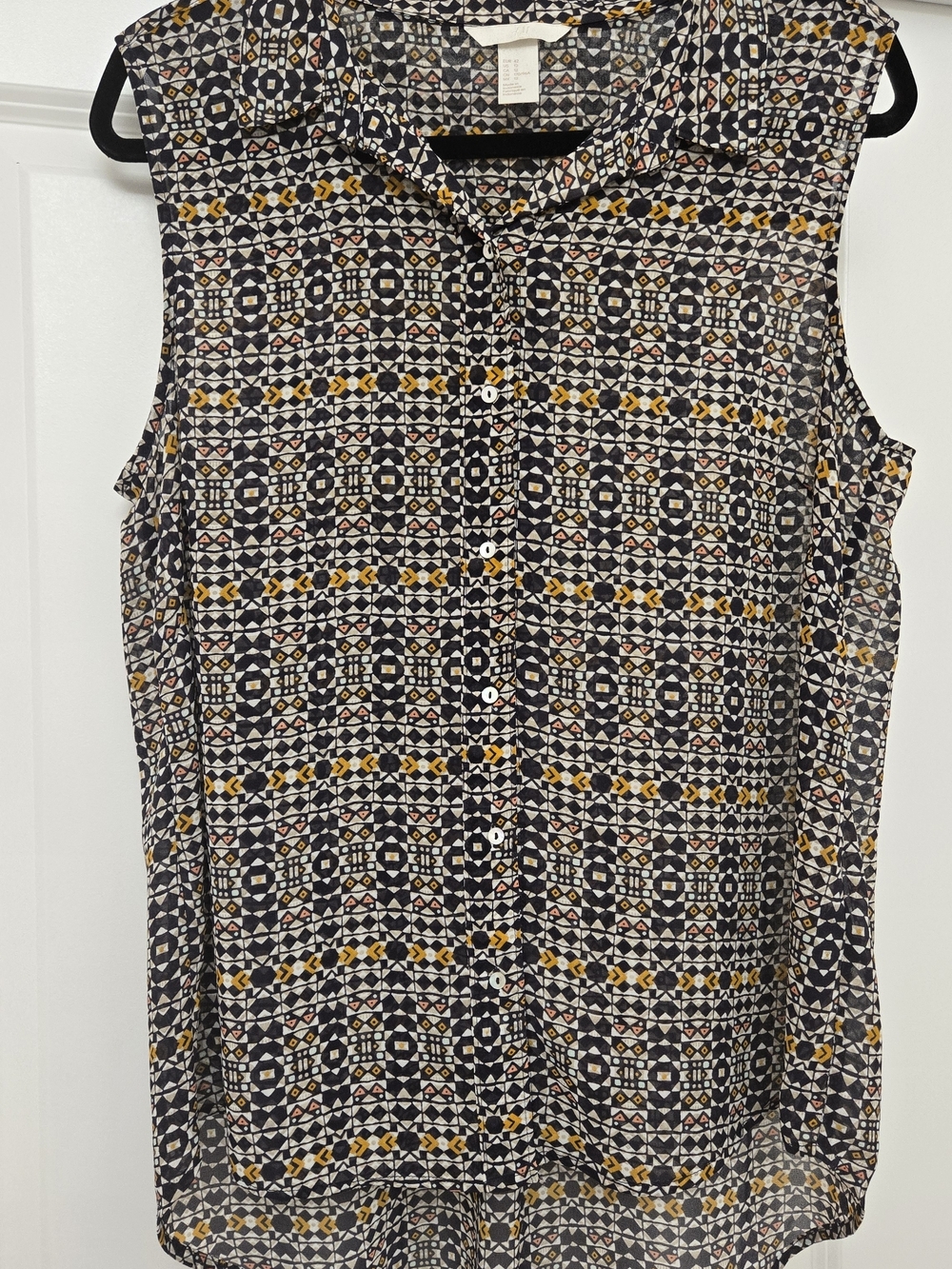 H&M Geometric Print Sleeveless Button-down Top in Black, White & Mustard